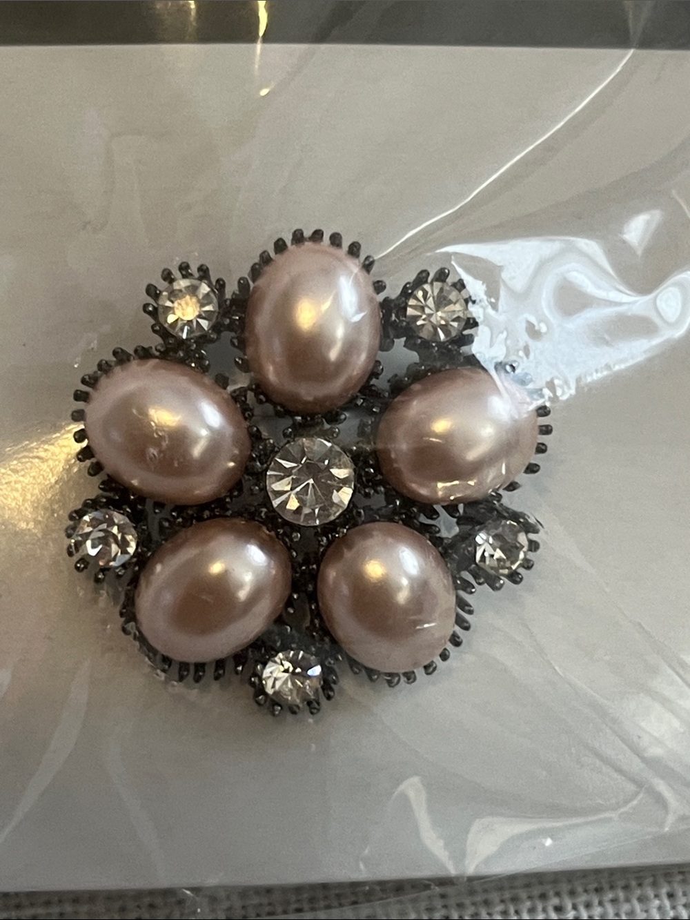 Pink Pearl and Crystal Floral Brooch with Gunmetal Setting